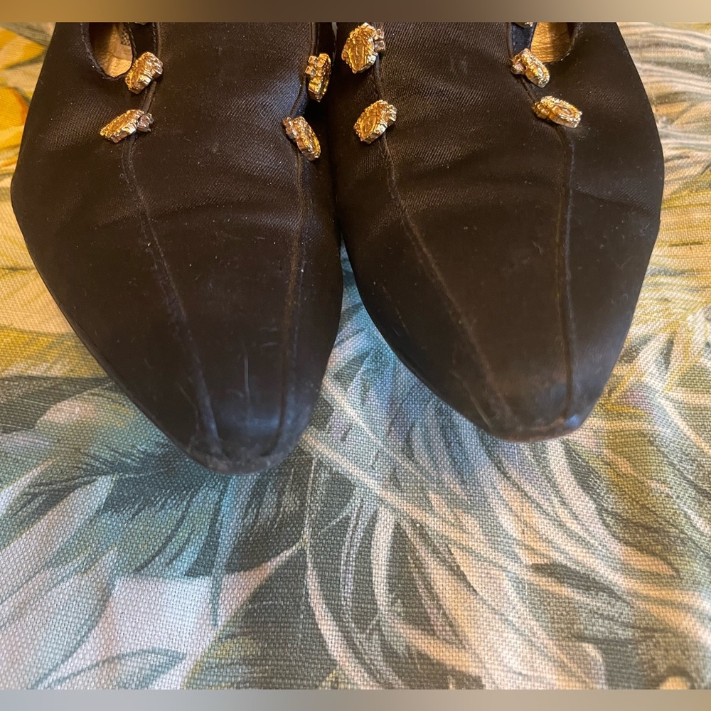 Versace Black Satin Pointed-Toe Slip-On Mules with Gold Medusa Accents - Picture 6 of 6